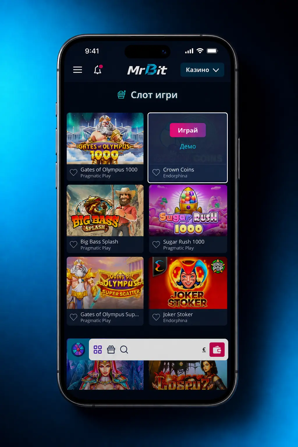 Стъпки за начало на игра в MrBit слотове - вход, избор на игра, залог и Spin бутон