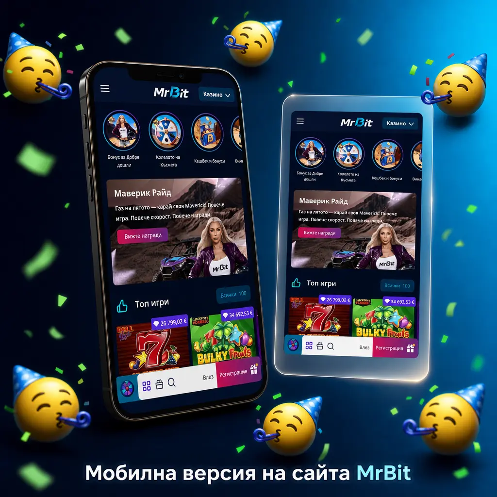 Мобилна версия на сайта MrBit със спортни залози, казино игри и промоции през браузър, без инсталация