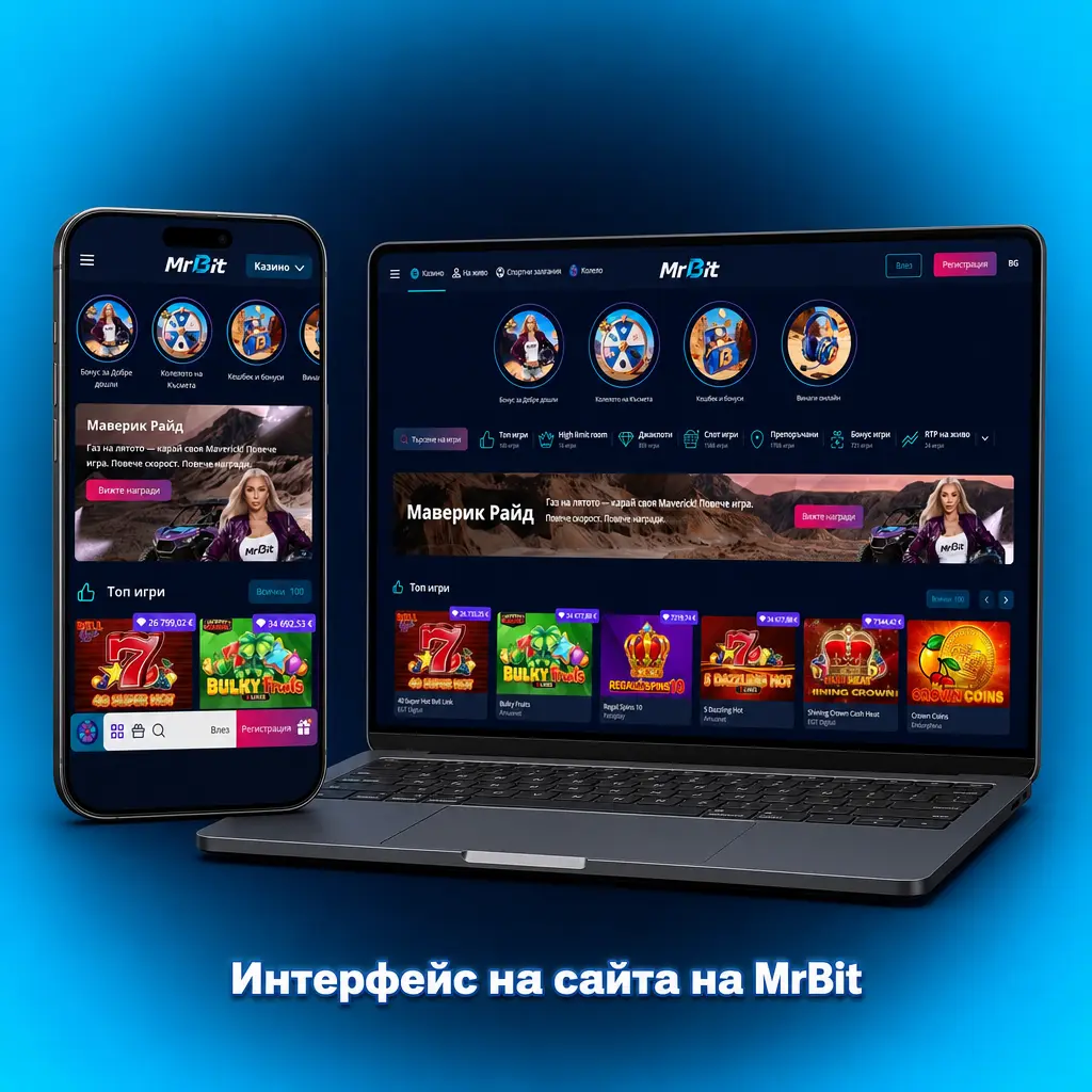 Интерфейс на сайта на MrBit с меню за Sports, Live Casino, Casino, Промоции и Кешиер