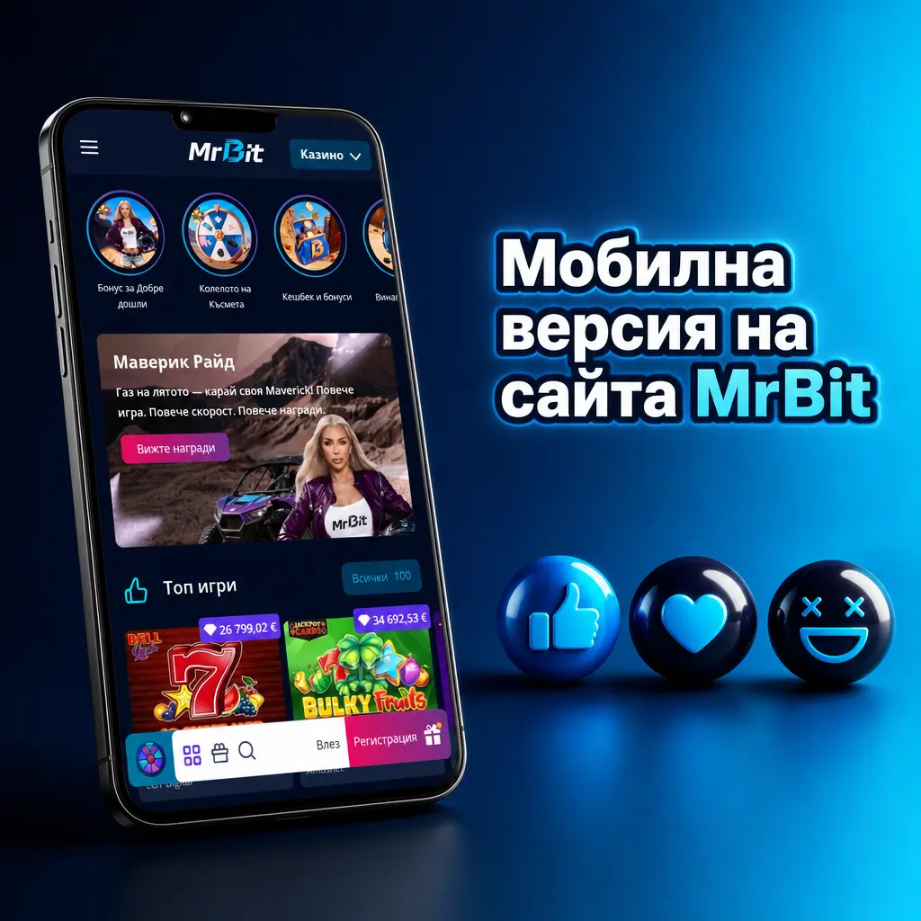 Мобилна версия на сайта MrBit с достъп до спортни залози, слот игри и Live Casino без инсталация